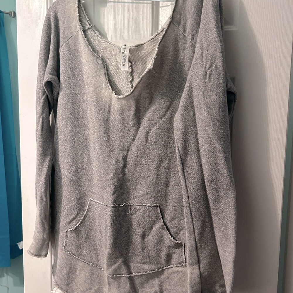 Gray Boatneck Sweatshirt with frayed seams and kangaroo pocket